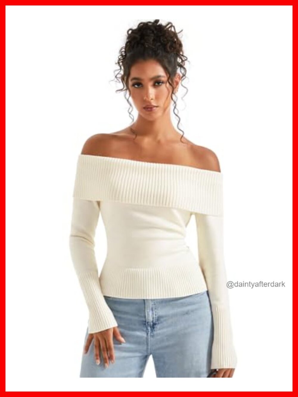 Off Shoulder Ribbed Knit Pullover Sweater Long Sleeve Fitted Top